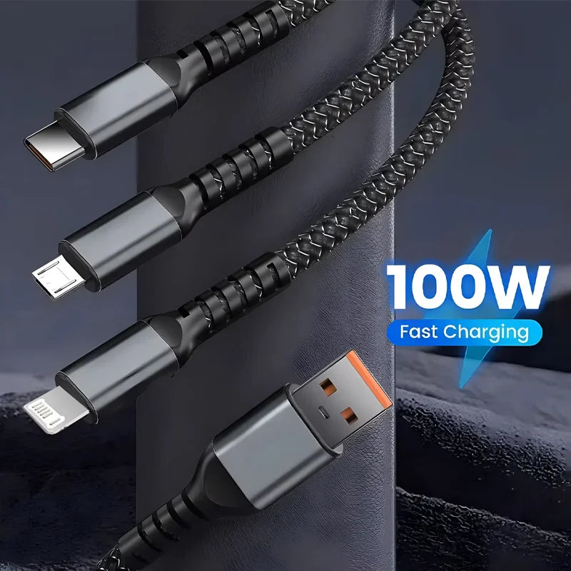 3 In 1 100W Transparent Pilot Lamp Super Fast Charging Cable Universal with Type C Usb Micro for Iphone Samsung Huawei Xiaomi 6A