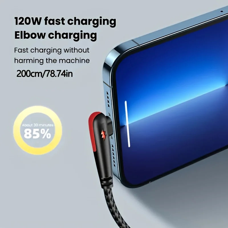 1-3PCS 120W High Speed Charging Cable Nylon Braided USB To Type C with 90 Degree Bend Design for Huawei OPPO Samsung Phones